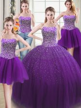 Four Piece Floor Length Ball Gowns Sleeveless Purple Quinceanera Gowns Lace Up
