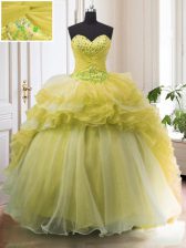  Light Yellow Ball Gowns Organza Sweetheart Sleeveless Beading and Ruffled Layers With Train Lace Up Ball Gown Prom Dress Court Train
