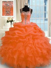  Straps Sleeveless Zipper Vestidos de Quinceanera Orange Red Organza