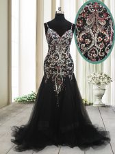 Adorable Mermaid Black Spaghetti Straps Neckline Beading and Appliques Homecoming Dress Sleeveless Zipper