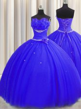 Gorgeous Handcrafted Flower Beading and Ruching and Hand Made Flower Quinceanera Dress Royal Blue Lace Up Sleeveless Floor Length