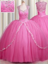  Zipper Up Rose Pink Zipper Quinceanera Gowns Beading and Appliques Cap Sleeves With Brush Train