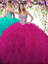 Adorable Fuchsia Sleeveless Beading and Ruffles Floor Length Ball Gown Prom Dress