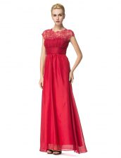 Shining Scoop Coral Red Sleeveless Beading and Ruching Floor Length Evening Dress