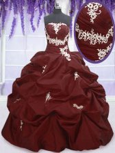  Burgundy Ball Gowns Taffeta Strapless Sleeveless Appliques and Pick Ups Floor Length Lace Up Sweet 16 Quinceanera Dress