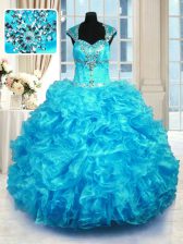 Fantastic Aqua Blue Quinceanera Dresses Military Ball and Sweet 16 and Quinceanera with Beading and Ruffles Straps Cap Sleeves Lace Up