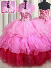  Organza Sweetheart Sleeveless Lace Up Ruffles and Sequins Sweet 16 Dresses in Rose Pink
