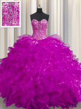 Suitable See Through Fuchsia Lace Up Sweet 16 Quinceanera Dress Beading and Ruffles Sleeveless Floor Length