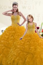 Colorful Beading and Ruffles 15 Quinceanera Dress Gold Lace Up Sleeveless Floor Length