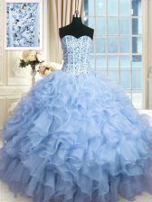 Luxury Light Blue Ball Gowns Organza Sweetheart Sleeveless Beading and Ruffles and Sequins Floor Length Lace Up Sweet 16 Dress