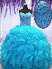  Floor Length Lace Up Quinceanera Gown Baby Blue for Military Ball and Sweet 16 and Quinceanera with Beading and Ruffles