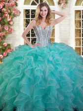  Floor Length Aqua Blue Sweet 16 Quinceanera Dress Organza Sleeveless Beading and Ruffles