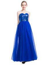  Royal Blue Tulle Zipper Prom Dress Sleeveless Floor Length Sequins