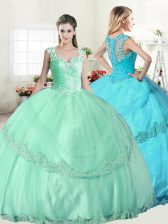 Fancy Straps Sleeveless Lace Up Floor Length Beading and Lace and Appliques Quinceanera Gowns