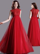  Lace Prom Evening Gown Red Zipper Cap Sleeves Floor Length