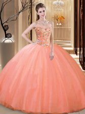  Tulle Sweetheart Sleeveless Lace Up Embroidery Sweet 16 Dresses in Peach