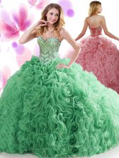 Custom Designed Turquoise Organza and Fabric With Rolling Flowers Lace Up 15th Birthday Dress Sleeveless Sweep Train Beading and Ruffles