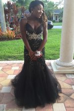 Most Popular Mermaid Sleeveless Zipper Floor Length Beading and Lace Dress for Prom