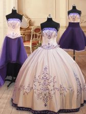  Four Piece White Satin Zipper Strapless Sleeveless Floor Length Quince Ball Gowns Beading and Embroidery