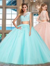 Enchanting Appliques Quinceanera Gown Aqua Blue Zipper Cap Sleeves Floor Length
