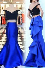  Mermaid Off the Shoulder Short Sleeves Sweep Train Ruffles Zipper Evening Dress