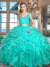  Turquoise Organza Zipper V-neck Sleeveless Floor Length Quince Ball Gowns Lace and Ruffles