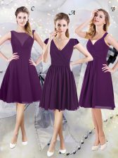  A-line Quinceanera Dama Dress Purple V-neck Chiffon Cap Sleeves Knee Length Zipper