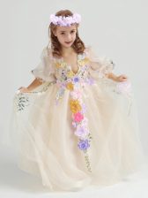 Fabulous Ankle Length Champagne Flower Girl Dresses Tulle Half Sleeves Appliques and Hand Made Flower