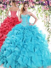 Vintage Baby Blue 15th Birthday Dress Organza Sweep Train Sleeveless Beading and Ruffles