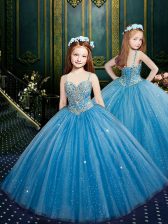 Trendy Sequins Square Sleeveless Lace Up Little Girls Pageant Gowns Baby Blue Tulle