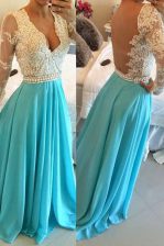 Fashion V-neck Long Sleeves Backless Prom Party Dress Baby Blue Chiffon
