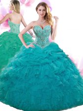 Exceptional Sleeveless Organza Floor Length Lace Up Quinceanera Gown in Teal with Beading and Ruffles and Pick Ups