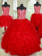  Four Piece Organza Sweetheart Sleeveless Lace Up Beading and Ruffles Sweet 16 Dresses in Red
