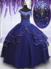 Trendy Royal Blue Quinceanera Dress Military Ball and Sweet 16 and Quinceanera with Beading and Ruffled Layers and Sequins Off The Shoulder Sleeveless Lace Up