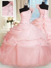 Cute One Shoulder Sleeveless Quinceanera Dresses Floor Length Beading and Hand Made Flower Pink Organza