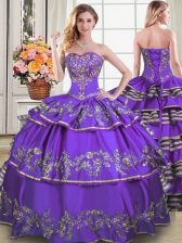  Eggplant Purple Sweetheart Neckline Beading and Embroidery and Ruffled Layers Quinceanera Gown Sleeveless Lace Up