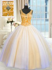 Romantic Sequins Ball Gowns Vestidos de Quinceanera Multi-color V-neck Tulle Sleeveless Floor Length Lace Up