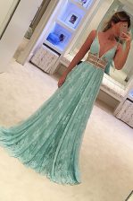 High Class Lace A-line Sleeveless Apple Green Prom Dresses Sweep Train Zipper