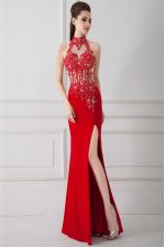  Red Sleeveless Floor Length Beading and Appliques Zipper Prom Dresses