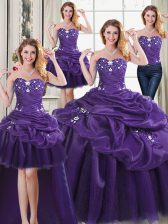 Best Four Piece Purple Lace Up Sweetheart Beading and Appliques and Pick Ups 15 Quinceanera Dress Organza Sleeveless