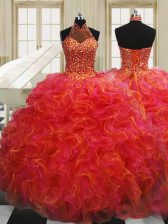  Halter Top Sleeveless Organza Floor Length Lace Up Ball Gown Prom Dress in Multi-color with Beading and Ruffles