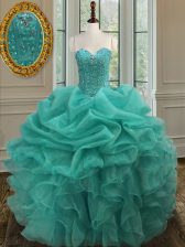  Turquoise Sleeveless Floor Length Beading and Ruffles and Pick Ups Lace Up Ball Gown Prom Dress