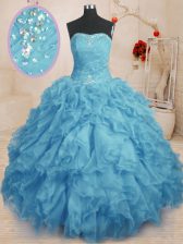  Sleeveless Organza Floor Length Lace Up Sweet 16 Dresses in Baby Blue with Beading and Ruffles and Ruching