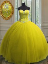 Gorgeous Tulle Sweetheart Sleeveless Lace Up Beading and Sequins Ball Gown Prom Dress in Yellow