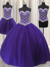  Three Piece Sleeveless Floor Length Beading and Sequins Lace Up 15 Quinceanera Dress with Purple