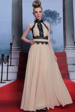 Glamorous Champagne Sleeveless Floor Length Beading Criss Cross Evening Dress
