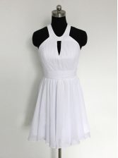  Halter Top White A-line Ruching Zipper Chiffon Sleeveless Mini Length