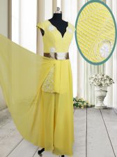 Customized Floor Length Empire Cap Sleeves Yellow Homecoming Dress Zipper