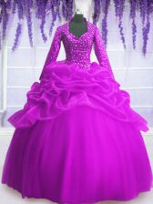 Smart Fuchsia Long Sleeves Sequins and Pick Ups Floor Length Ball Gown Prom Dress