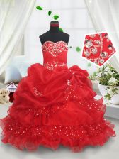  Beading and Ruffled Layers and Sequins and Pick Ups Little Girl Pageant Gowns Red Lace Up Sleeveless Floor Length
